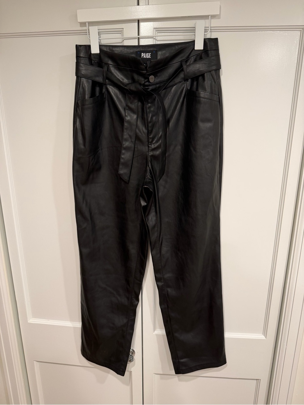 PAIGE Black Melila Vegan Leather Paperbag Trousers, Size 6 (27)